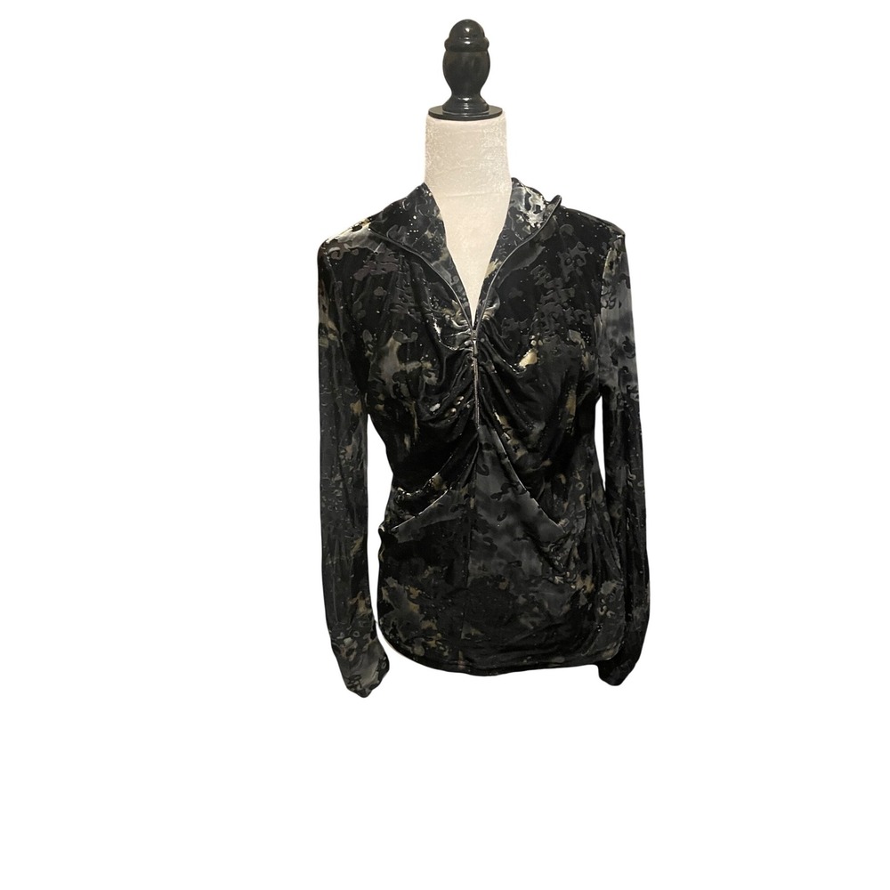 Sno Skins Womens Lg Burnout Velvet Ruched Zip Front Top Black Silver Metallic